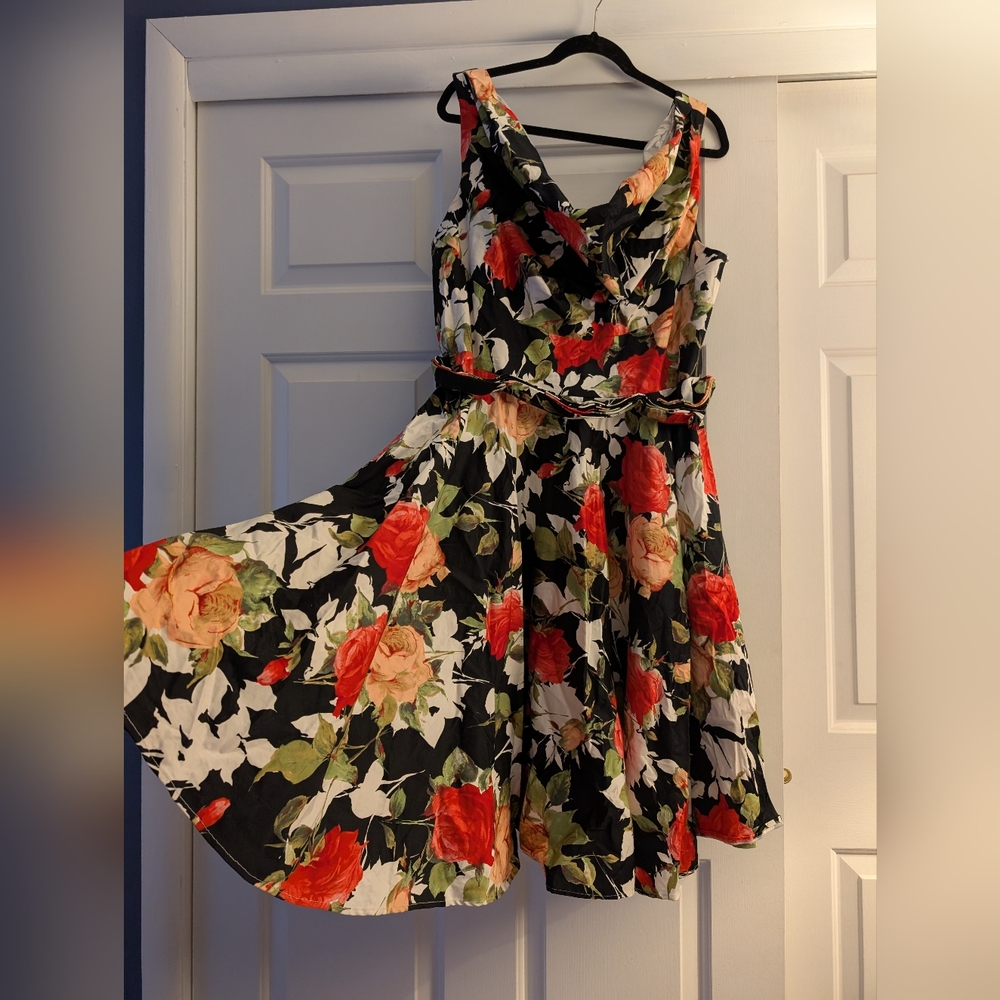 Size 4X Floral Sleeveless Dress - Black and Red